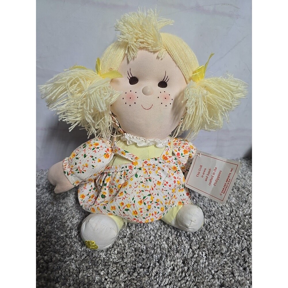 VINTAGE 1982 DAN DEE IMPORTS BLUE FLORAL SITTING BLONDE RAGDOLL RAG PLUSH DOLL